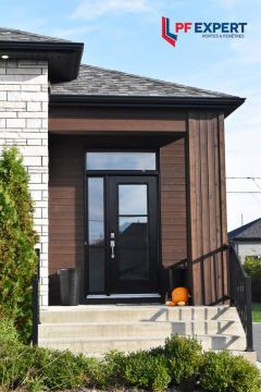 Black Entry Door with Clear Glass and 1 Sidelite and 1 Rectangular Transom