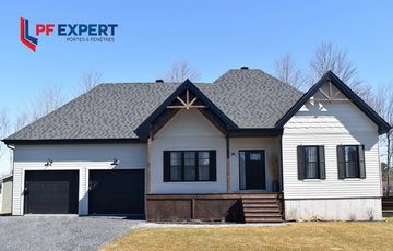 Black Hydrid Hung Windows and 2 Sidelites Door with Rectangular Transom and Sandblasted Glass